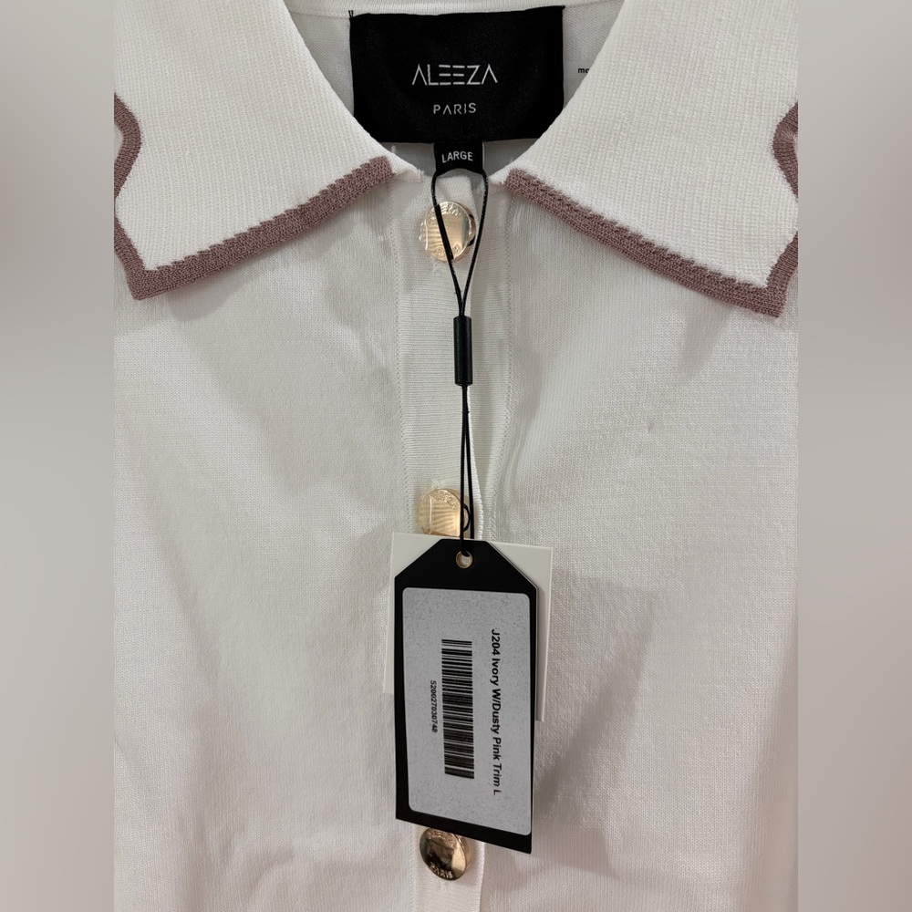 Alzza Women's White Cardigan Sweater with Brown Trim - Picture 2 of 8